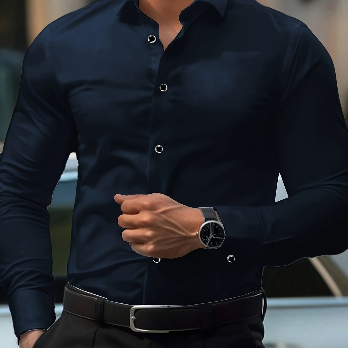 Men'S Elegant Black Long Sleeve Dress Shirt with Geometric Pattern - Polyester, Slim Fit, Button-Up, All-Season Wear, Stylish Lapel Collar, Perfect for Formal and Casual Events, Formal Attire|Slim Fit Shirt|Reflective Details
