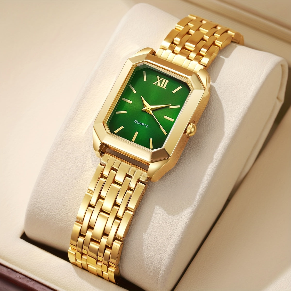 1pc Women's Luxury Square Watch with Multi-Color Dial & Golden-Tone Zinc Alloy Band - Quartz Movement, Fashionable Wristwatch for Casual & Formal Occasions, Casual Wristwatch | Colorful Dial Watch | Premium Look Watch