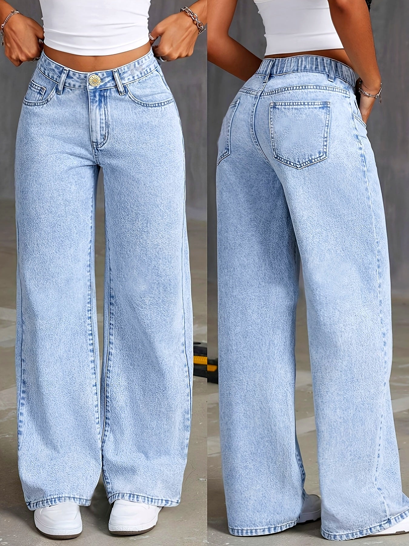 1pc Preppy Style Women'S High-Waisted Elastic Wide Leg Denim Jeans, Casual Boot Cut Solid Color Non-Stretch Fabric with Button Detail for All-Season Weekend Wear