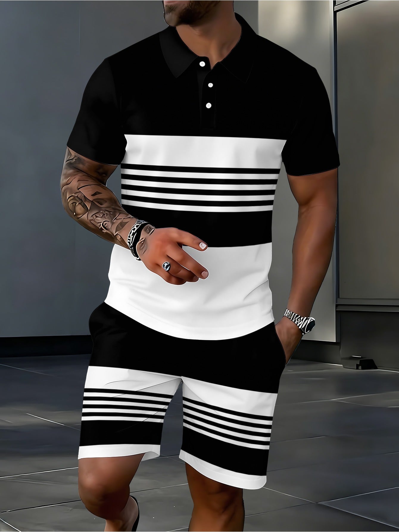 Men's Casual Polo Shirt & Shorts Set Striped Summer Outfit