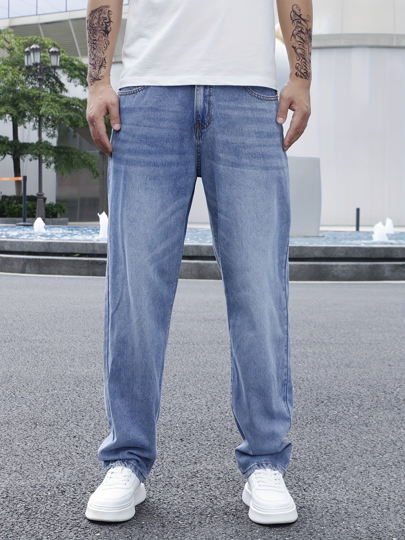 Men's Solid Loose Fit Denim Pants, Spring Fall Casual Trendy Cotton Jeans For Males