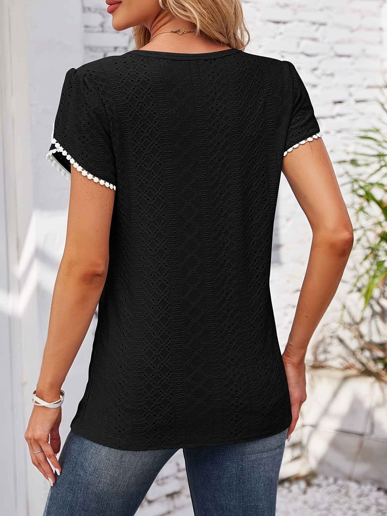 Women'S Elegant Blouse - Soft Pink Round Neck T-Shirt with Floral-like eyelet details, Breathable Loose Fit Top for Casual & Formal Outfits - Everyday Summer Shirt for Women, Ladies T Shirts, Versatile Clothing, Feminine Styl