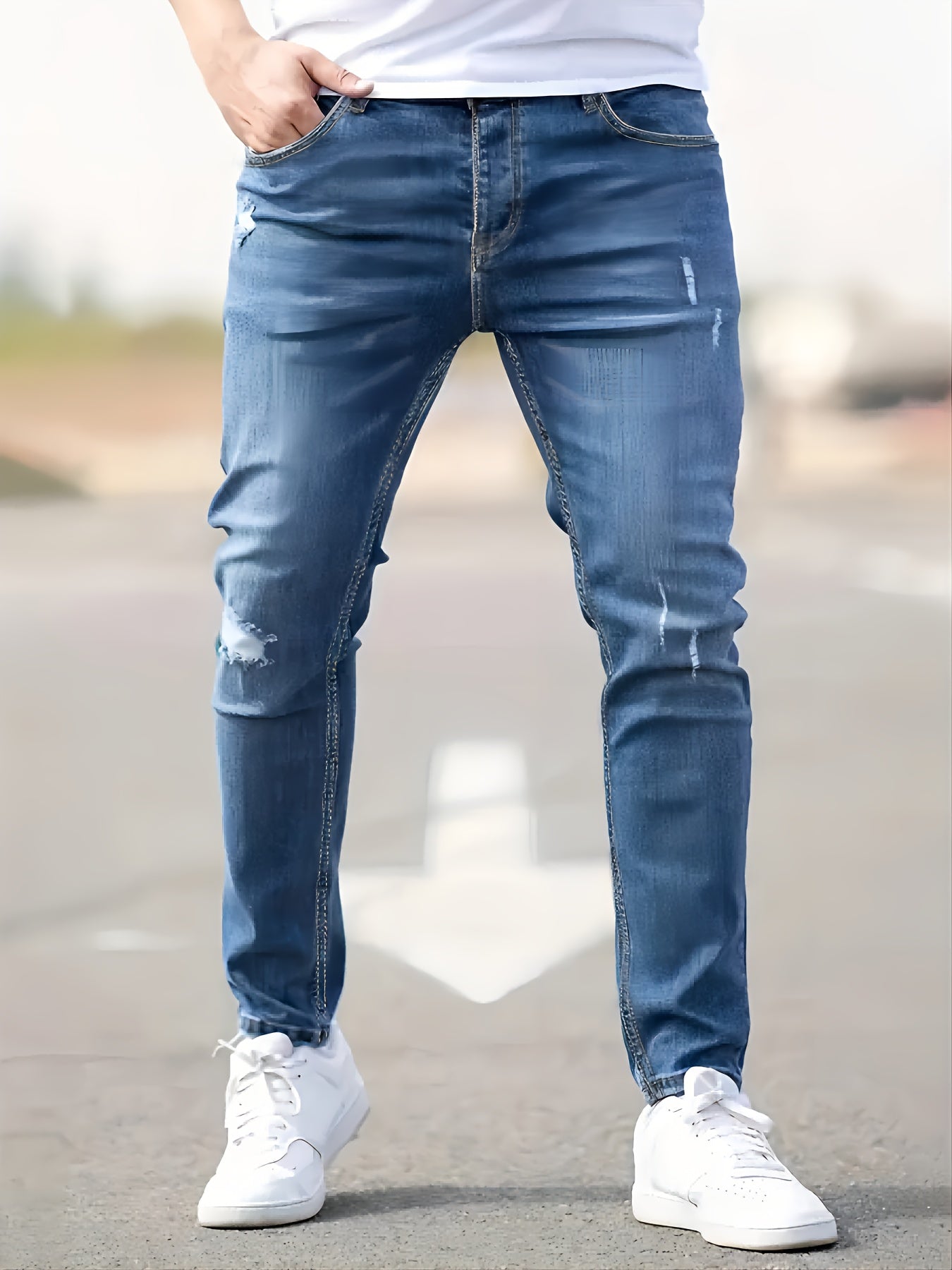 Men's Slim Fit Stretch Denim Jeans - Casual, Breathable & Machine Washable with Ripped Detail