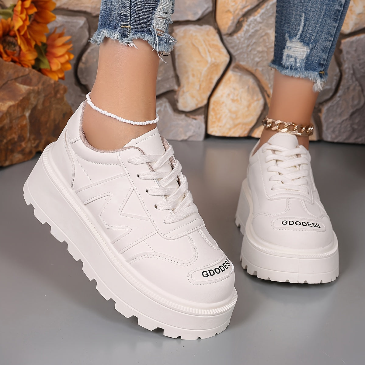 Women's Casual Lace-Up Sneakers - Breathable, Thick Sole, Round Toe, Faux Cover - White, High Top Sneakers