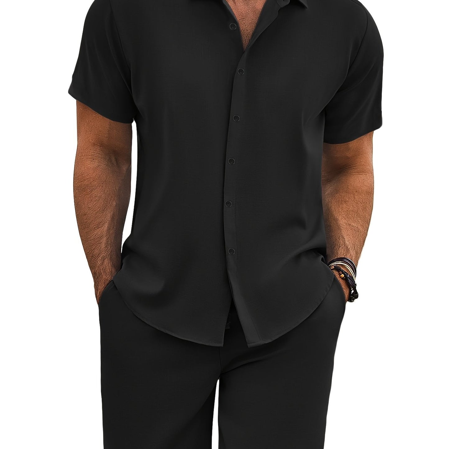 Men'S 2pcs Summer Beach Set, Cotton Linen Blend, Casual Short Sleeve Button- Shirt and Shorts, Solid Color, Lapel Collar, Non-Stretch Fabric, Regular Fit, Woven, 160g/m² - Loungewear Outfit