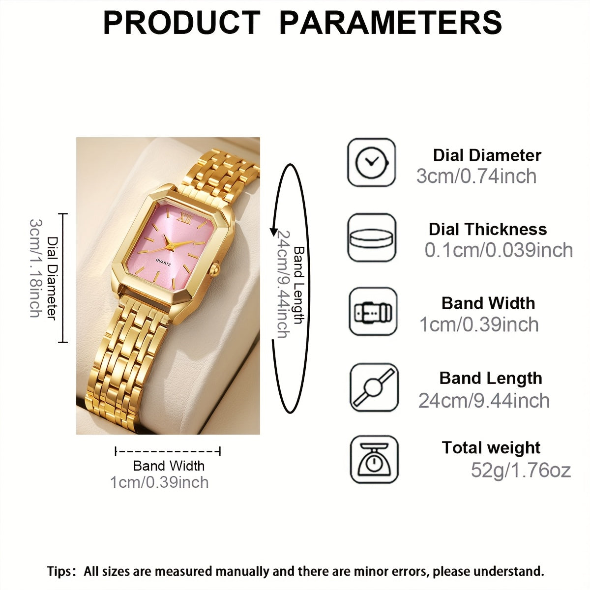 1pc Women's Luxury Square Watch with Multi-Color Dial & Golden-Tone Zinc Alloy Band - Quartz Movement, Fashionable Wristwatch for Casual & Formal Occasions, Casual Wristwatch | Colorful Dial Watch | Premium Look Watch
