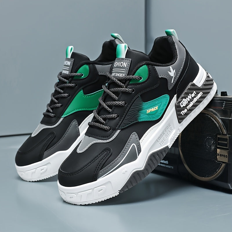 Men's Low-Top Skate Sneakers - Black with Teal Accents, PU Upper PVC Sole, Slip-Resistant Comfortable Lace-Up Shoes for Urban Streetwear, Outdoor Sports, All-Season Casual Wear, Skate Shoes, Modern Street Style, Durable Fab