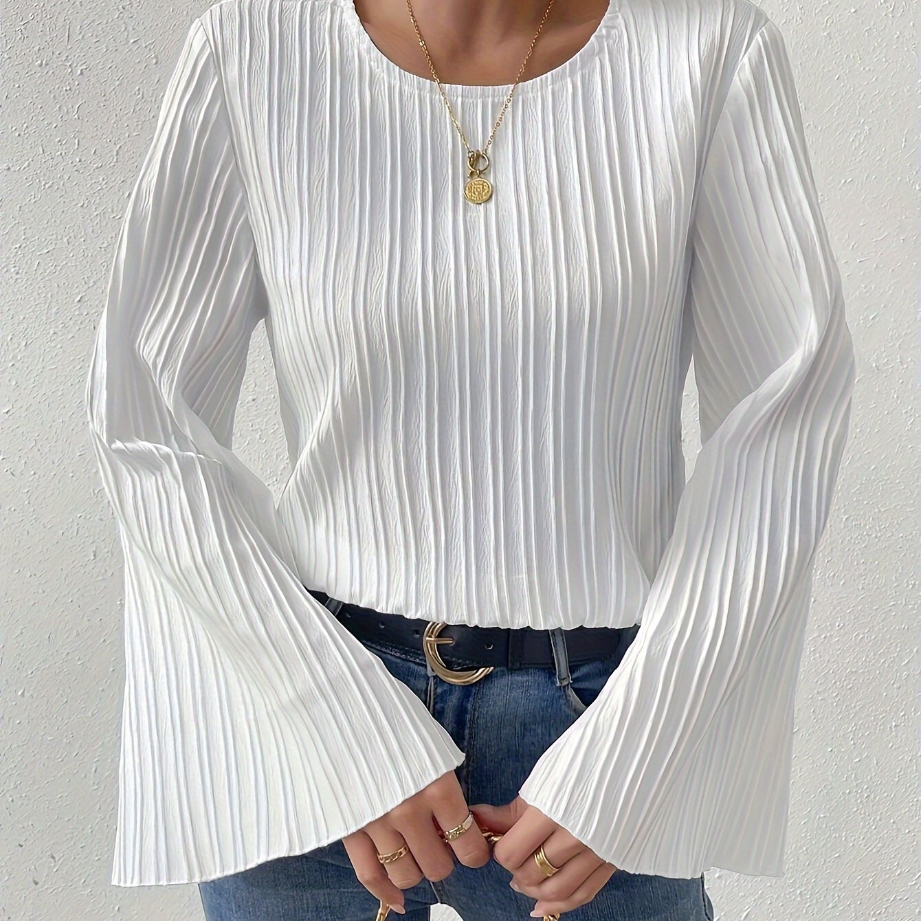 Women's Trendy Bell Sleeve Ribbed Blouse - White Crew Neck, Flared Sleeves, Casual Spring/Summer Top, Breathable Polyester Blend, Perfect for Casual Attire, Versatile Fashion | Ribbed Texture Shirt | Stretchable Fabric