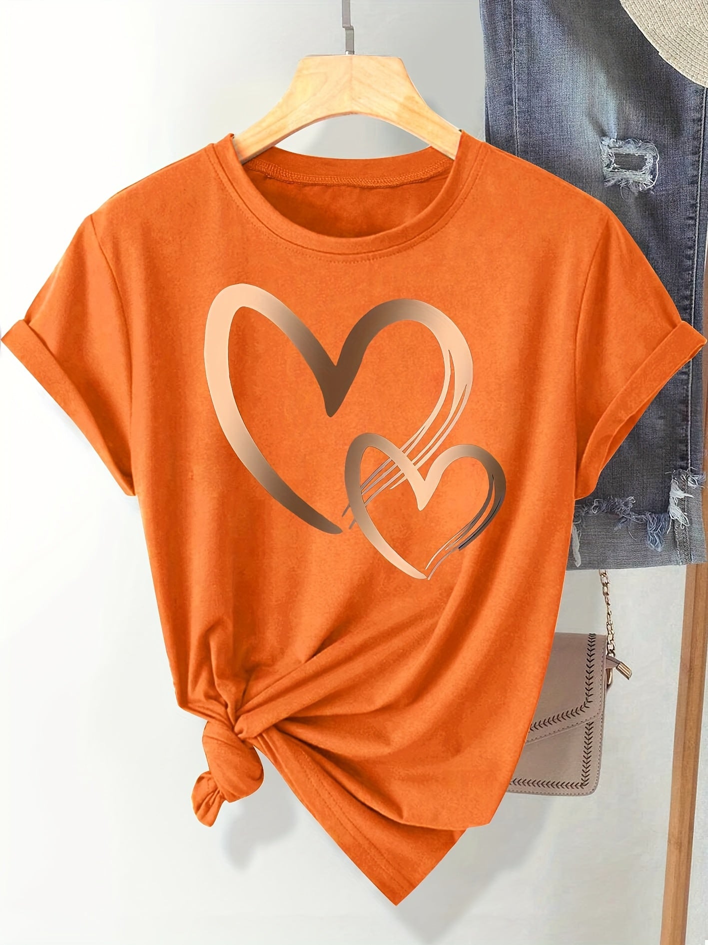 Chic Love Series Gradient Double Heart Graphic Tee for Women - Casual Retro Style, Round Neck Short Sleeve, Breathable Polyester, Machine Washable, in Black with Golden & White Hearts, Sizes S-XXL