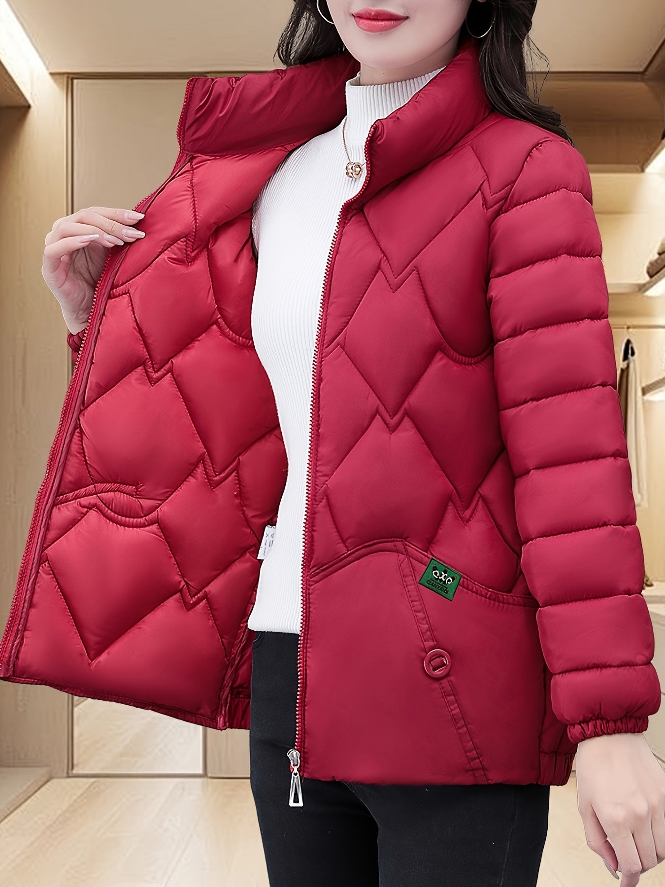 Women'S Embroidered Quilted Jacket, Casual Long Sleeve Polyester Coat, Non-Stretch H-Contoured Regular Fit, Pleated Hem, Thick Warm Winter Outerwear for Middle-Aged Moms