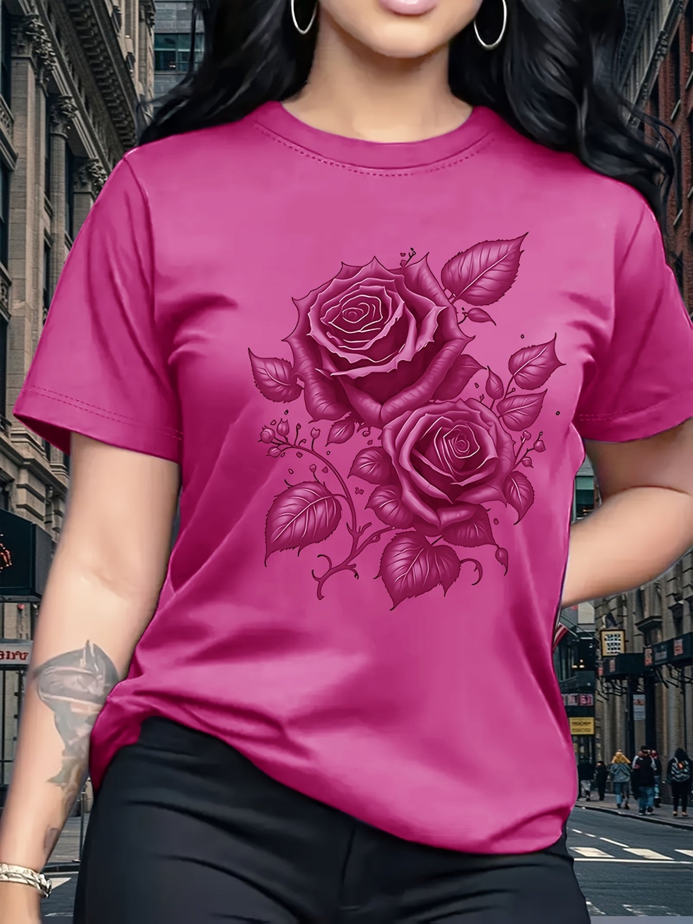 Women's Light Blue Yellow Rose Print T-Shirt - Short Sleeve Crew Neck Casual Top with Medium Stretch, Machine Washable & Breathable Fabric for All-Season Comfort, Relaxed Style, Graphic Tee, Stretchy Material, Printed Shirt,