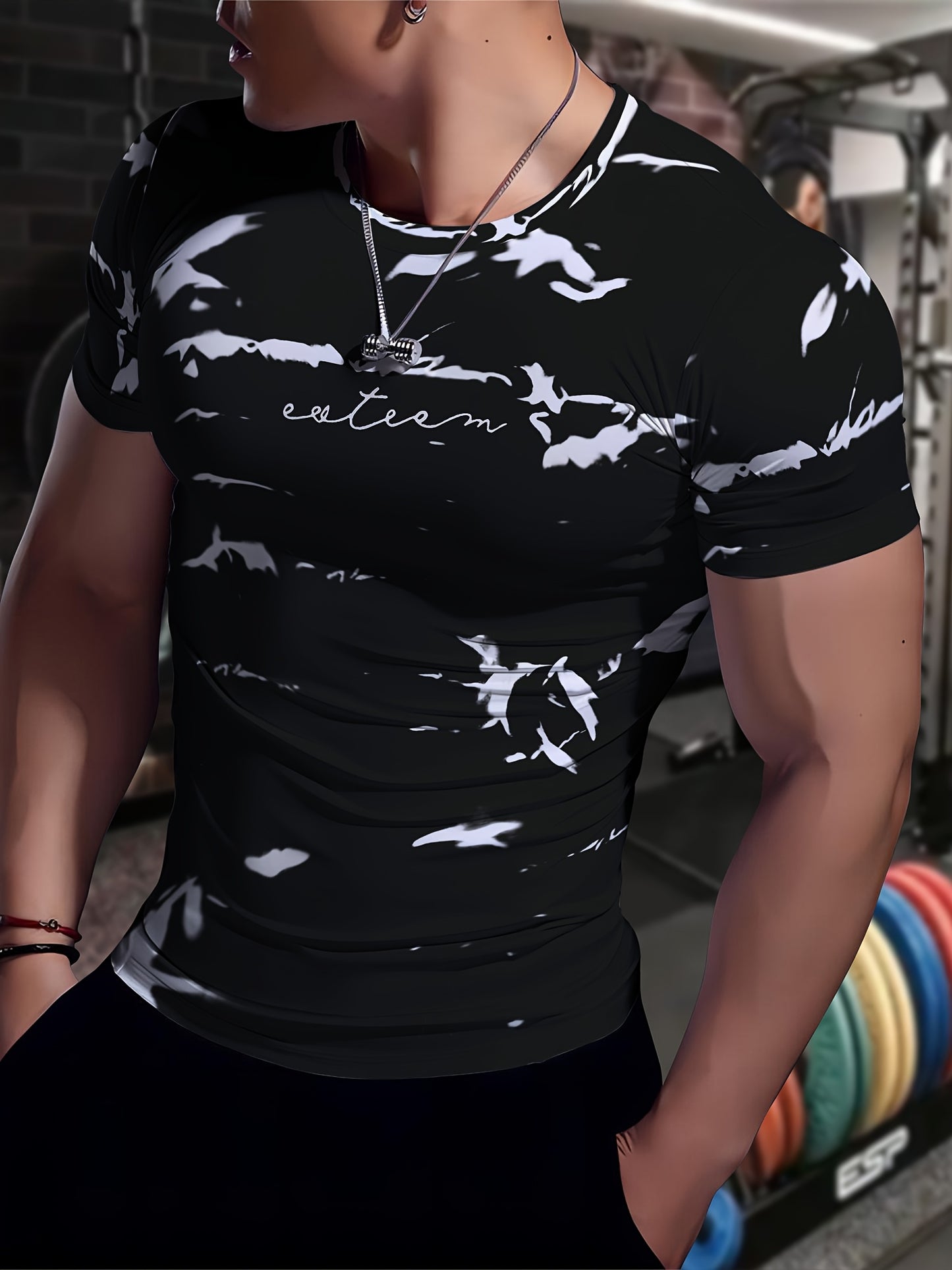Men's High-Elasticity Anti-Tear Graffiti T-Shirt - Black White Geometric Print, Tight-Fit Athletic Top for Gym, Running, Yoga Casual Summer Wear, Gym Clothes, Highelastic Polyester, Short Sleeve Design