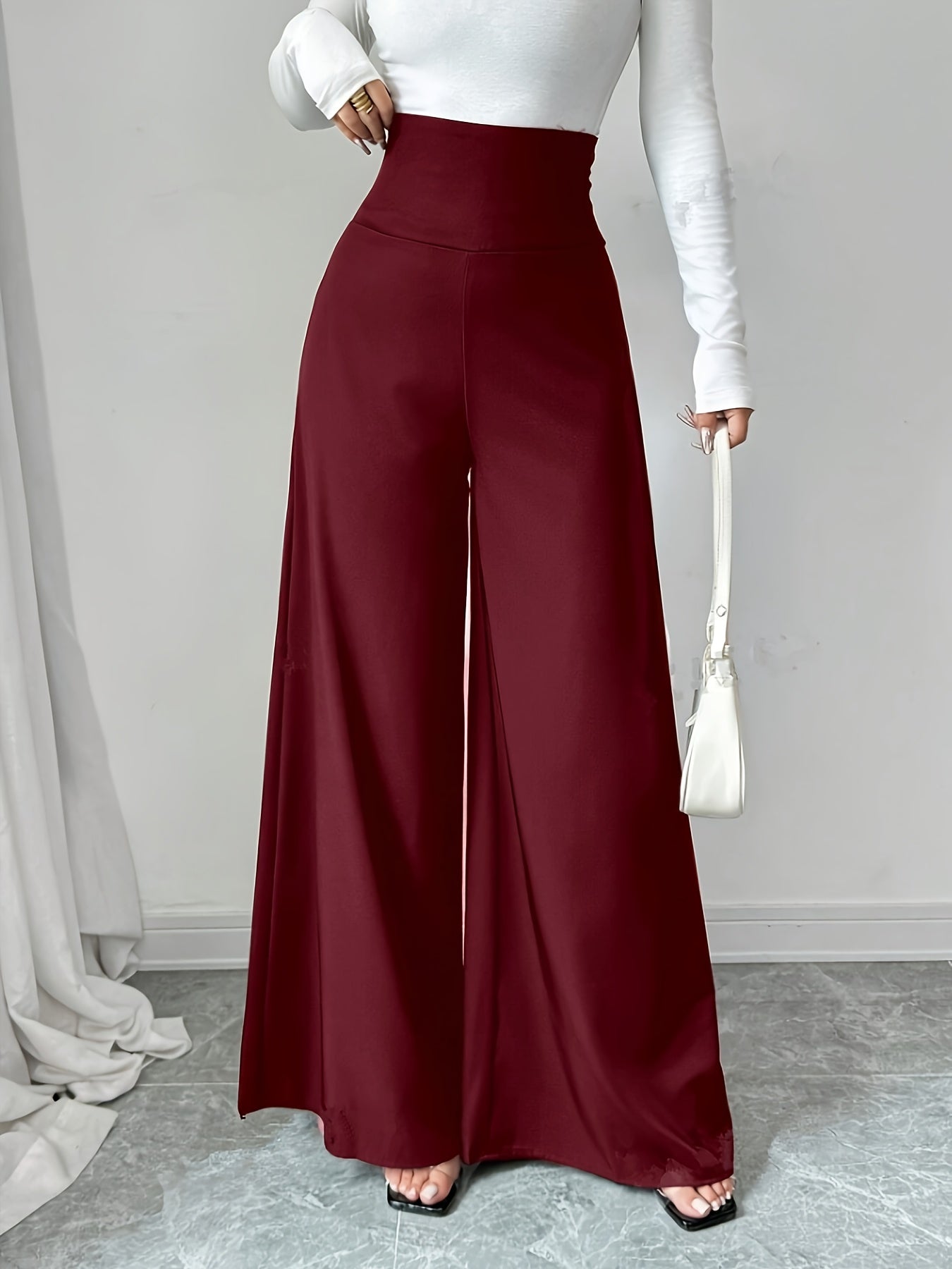 1pc Elegant High-Waisted Black Wide Leg Pants for Women, Solid Color Polyester, Regular Fit with Zipper Fly, All-Season Long Length Trousers with Zipper Detail