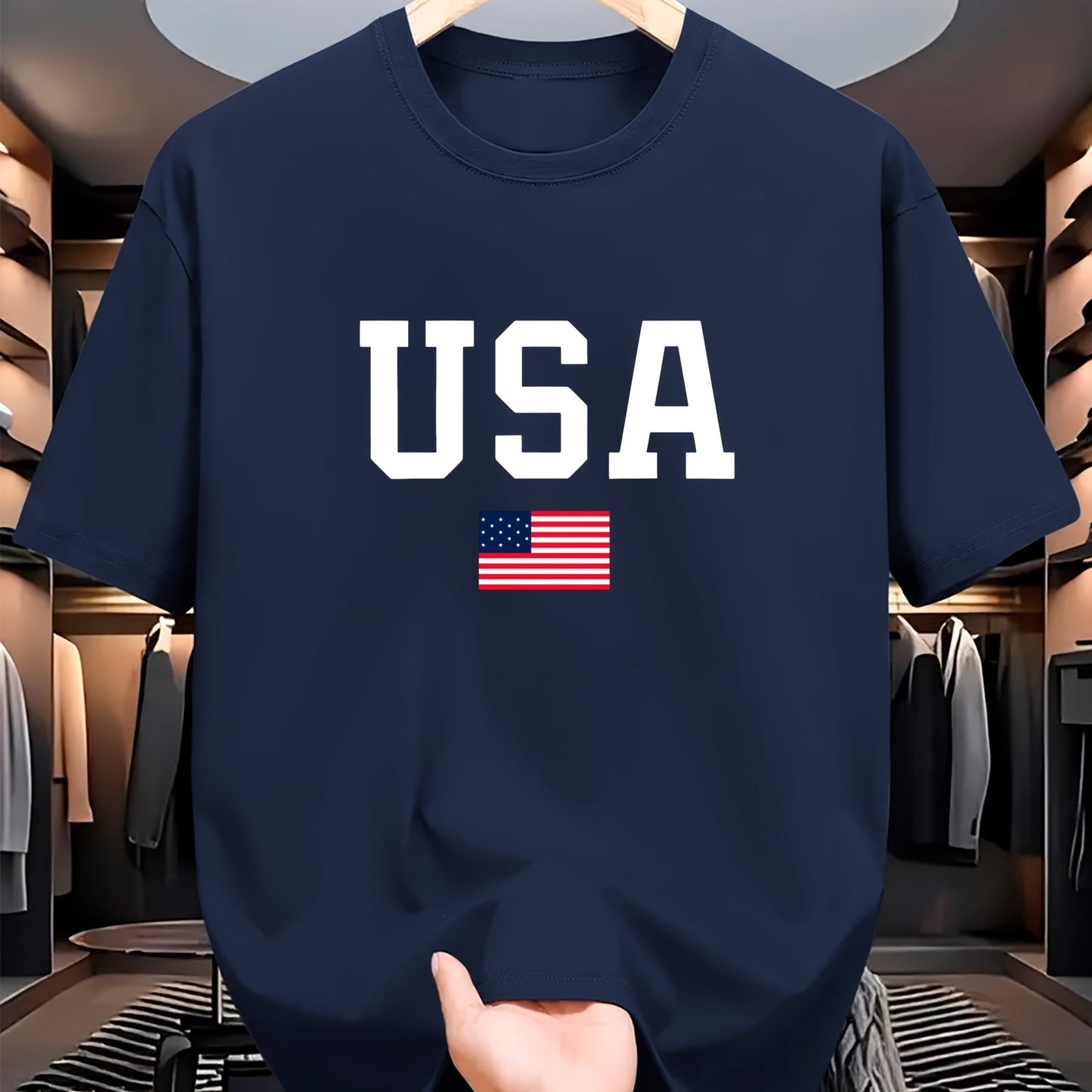 USA Flag Print Crew պարանոցի վերնաշապիկ, սովորական պոլիեսթեր տրիկոտաժե թիկնոց, թեթև ձգվող, այբուբենի ձևանմուշ, տրիկոտաժե դետալ, տղամարդկանց համար, ամառային կարճաթև շապիկ