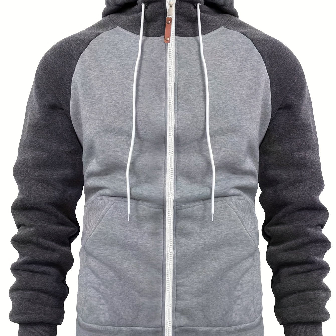 Տղամարդու ոճային գունային բլոկներով վերնաշապիկ՝ առօրյա, կայծակաճարմանդով և գլխարկով սվիտեր՝ առջևի գրպաններով, երկար թևքերով և երիզներով՝ շագանակագույն և սև դիզայնով, հարմարավետ աշնանային և ձմեռային հագուստի համար։