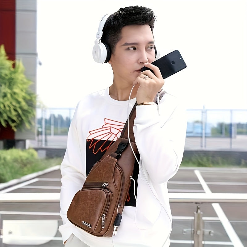 2025 New Men'S Fashion Chest Bag - Soft Faux Leather Anti-Theft Crossbody Bag with Multiple Compartments, Adjustable Strap Zipper Closure for Gym, Travel, Casual Outings (Brown), Secure Travel Pouch, Textured Finish