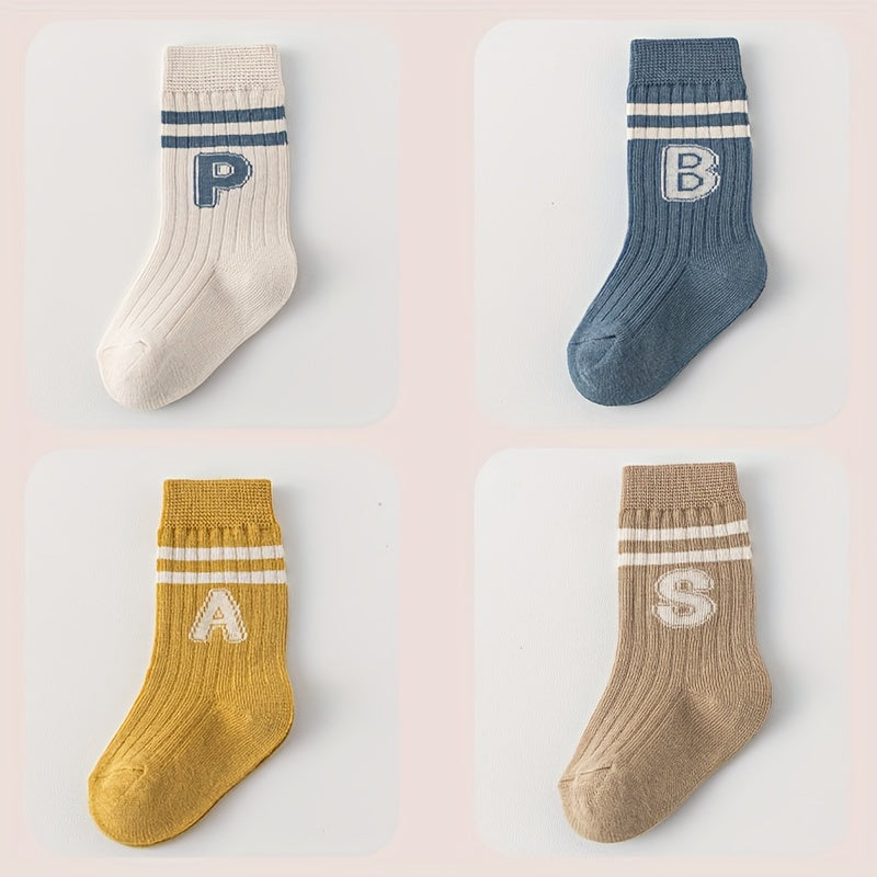 4 Pairs of N-Letter Knitted Pattern Socks, Thin Socks for Spring and Summer, Cotton Blend Comfortable Breathable Soft Mid-Calf Socks, Breathable Mid-Calf Socks