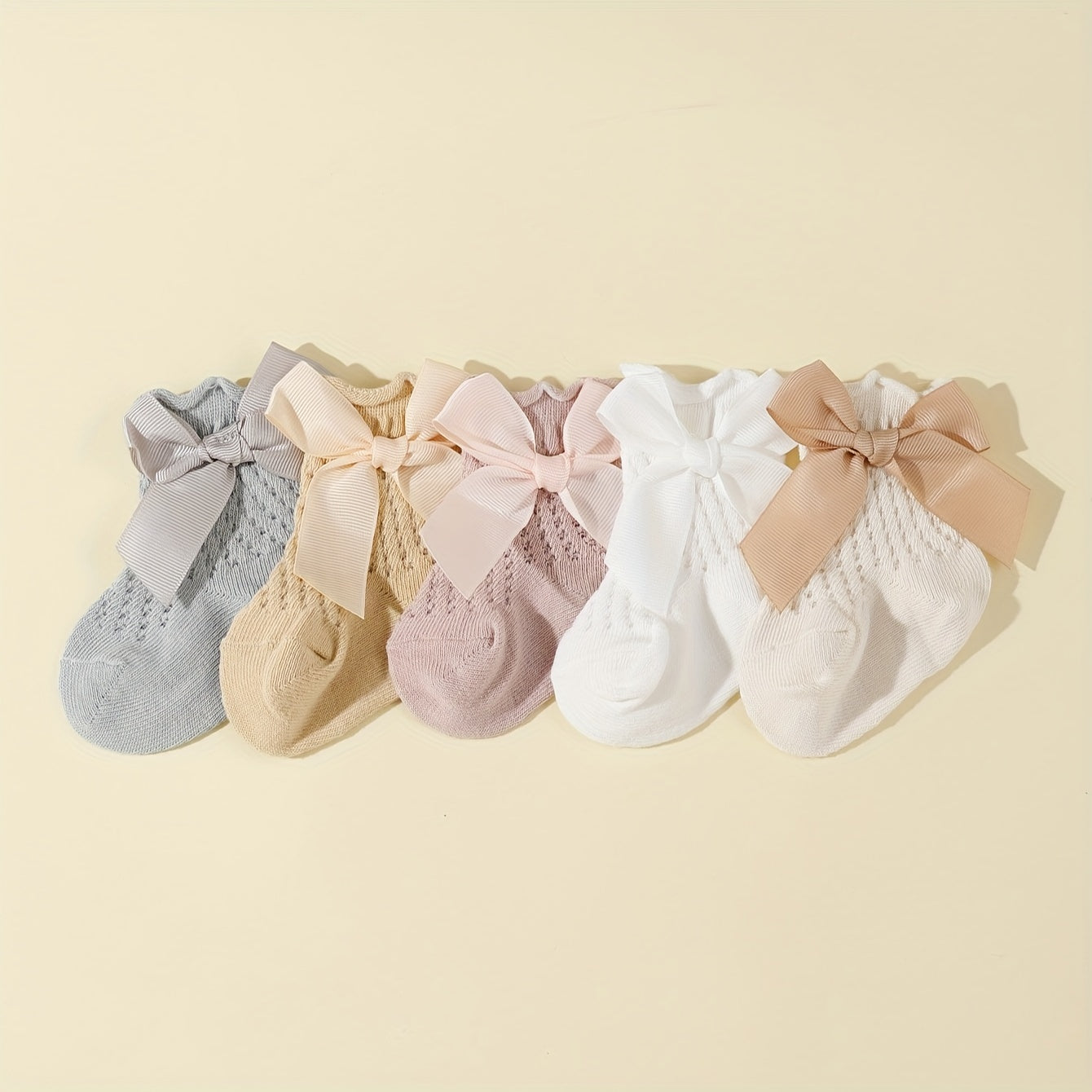 5 Pairs of Baby Socks for Spring And Summer, Featuring Breathable Mesh And Bows, Perfect for Everyday Wear.