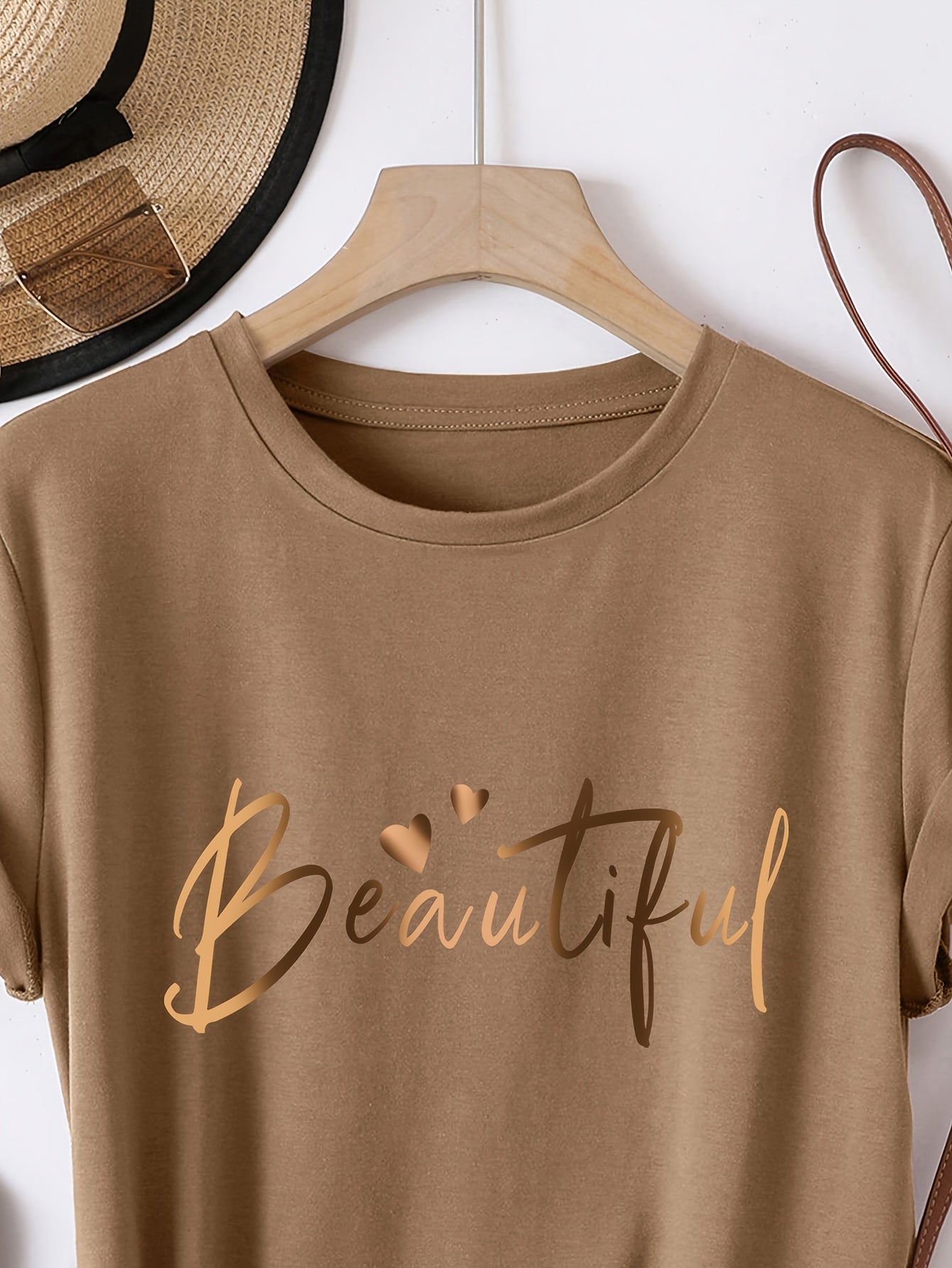 Women's Casual Letter Print T-Shirt - Soft Polyester, Short Sleeve Crew Neck Top for All Seasons, Round Neck, Sports Shirt