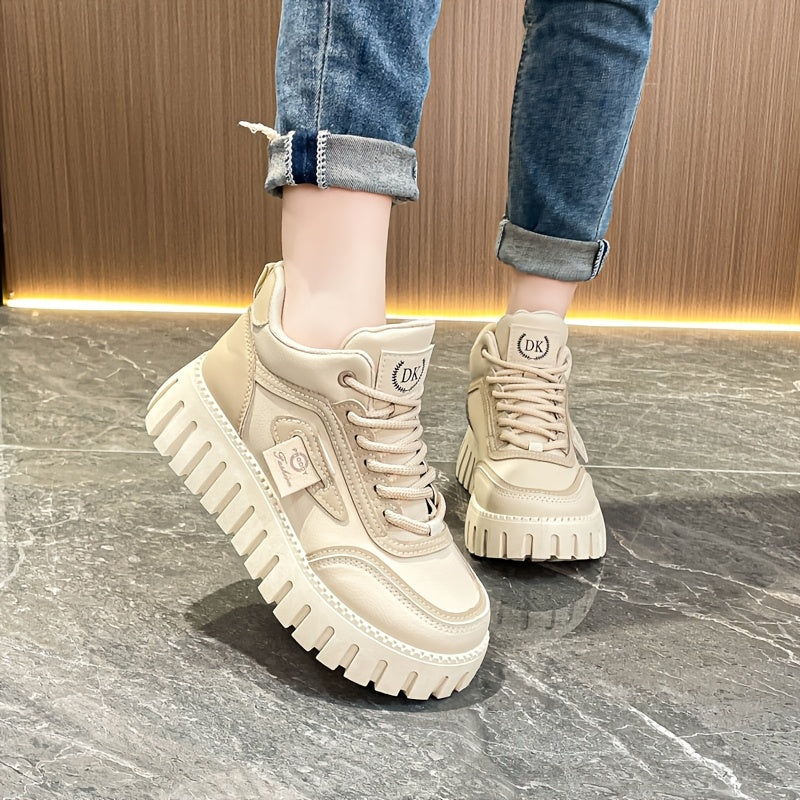 1 Pair Women'S Fashion Mid-Top Casual Sneakers, PU Upper, Fabric Lining, Rubber Sole, and EVA Insole, Lace-Up Design, with All-Season Versatile Athletic Shoes