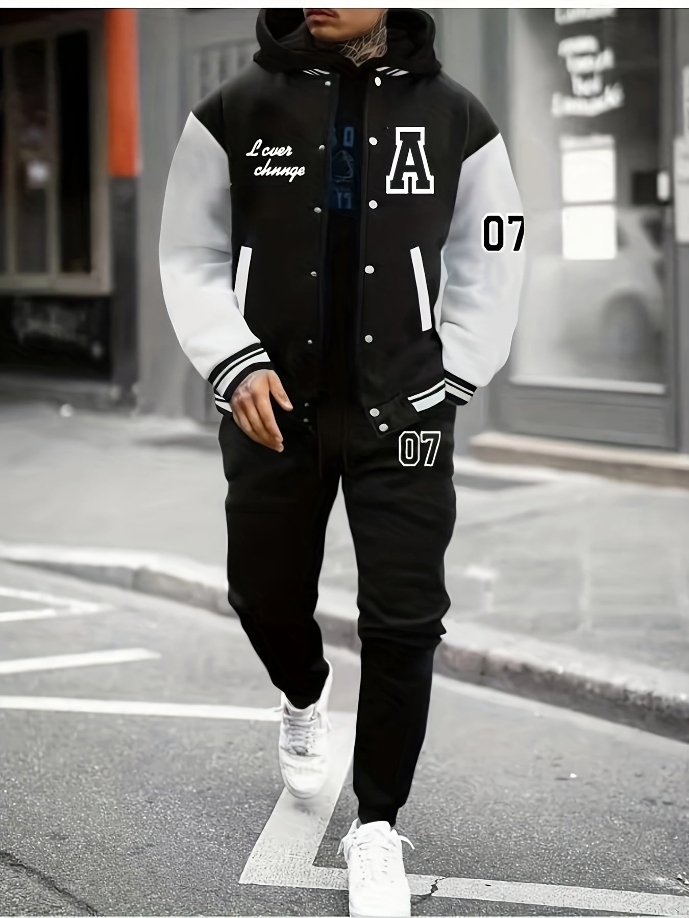 Men'S A07 Sporty Casual Baseball Outfit - Black & White "A" Print Jacket with Pockets, Matching Pants, Polyester Blend, Fall/Winter Wear, Casual Sportswear | Letter Print Jacket | Knit Construction, Baseball Attire