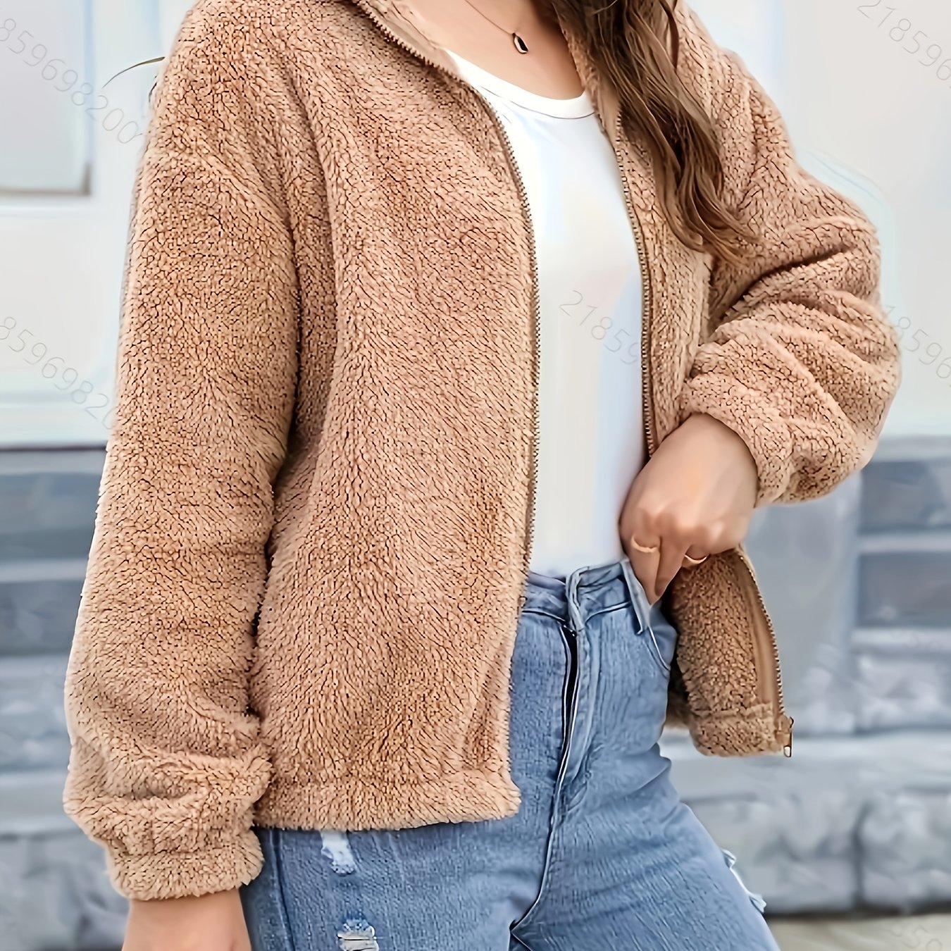 Women'S Cozy Fleece Jacket with Hood - Casual High Neck Zippered Long Sleeve Polyester Knit Fabric Sweater for Fall/Winter