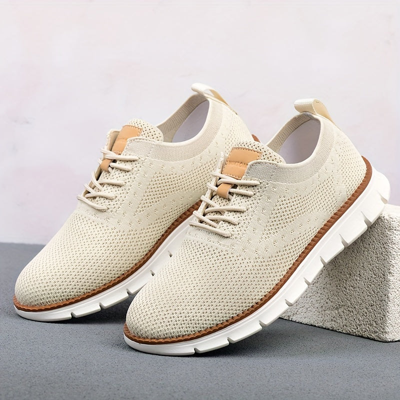 Men's Breathable Knit Business Casual Shoes - Beige with Brown Accents, Lace-Up, EVA Sole, Round Toe, Versatile for All Seasons, Dressy Shoes