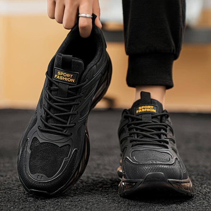 Men's Casual Sneakers - Breathable Low-Top Lace-Up Design, Durable PU Upper Cushioned PVC Sole for All-Season Comfort - Black with Yellow Accents - Ideal for Running, Hiking, Daily Wear, Hiking Footwear, Stylish Contrast Ac