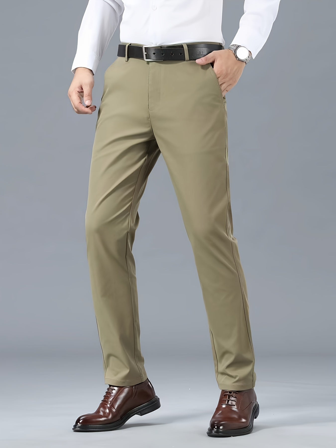 Men's Classic Business Casual Pants - Polyester, Solid Color, Regular Fit for All Seasons