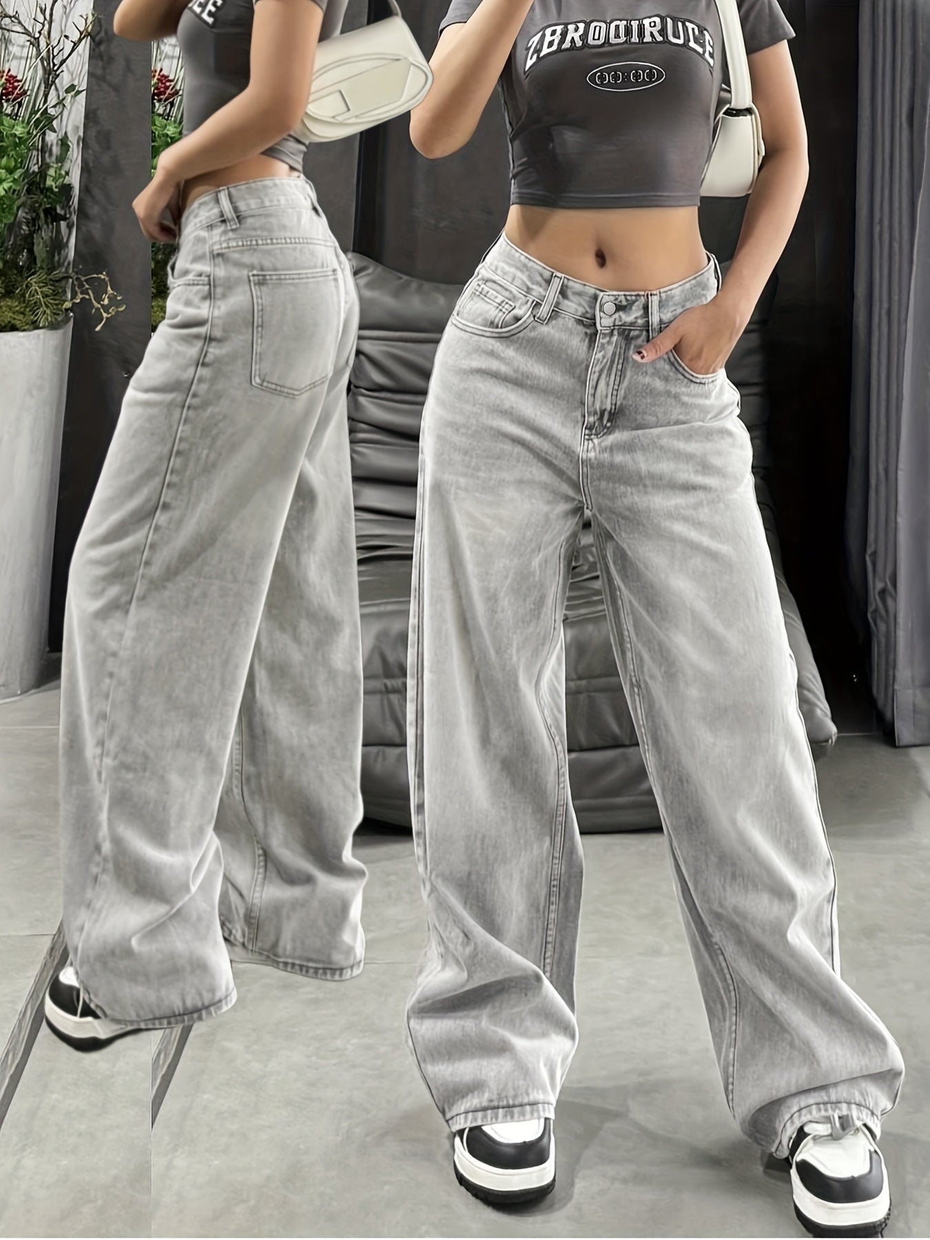 Women'S Casual Mid-Waist Wide Leg Jeans, 76% 13% Viscose 11% Polyester, Non-Stretch Denim, Solid Color, Washed Finish, Long Length, Zipper Fly, All Seasons, Woven Fabric, 390g/m² - Trendy Retro Loose Fit