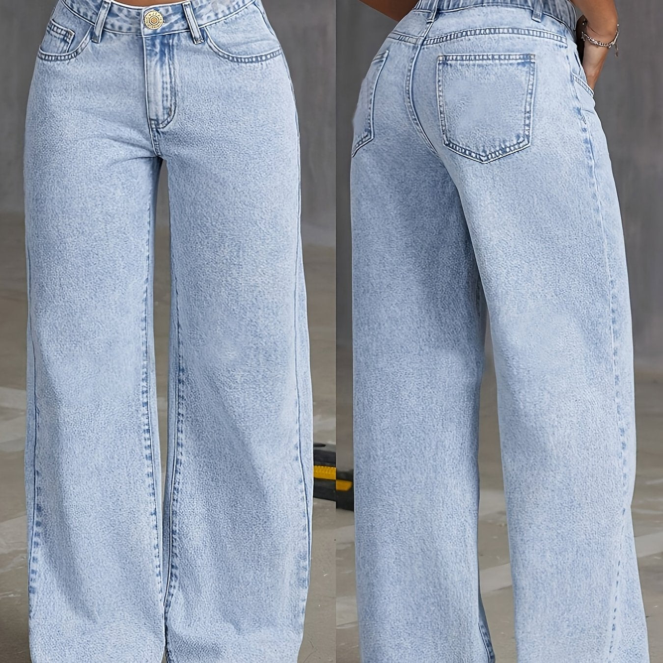 1pc Preppy Style Women'S High-Waisted Elastic Wide Leg Denim Jeans, Casual Boot Cut Solid Color Non-Stretch Fabric with Button Detail for All-Season Weekend Wear