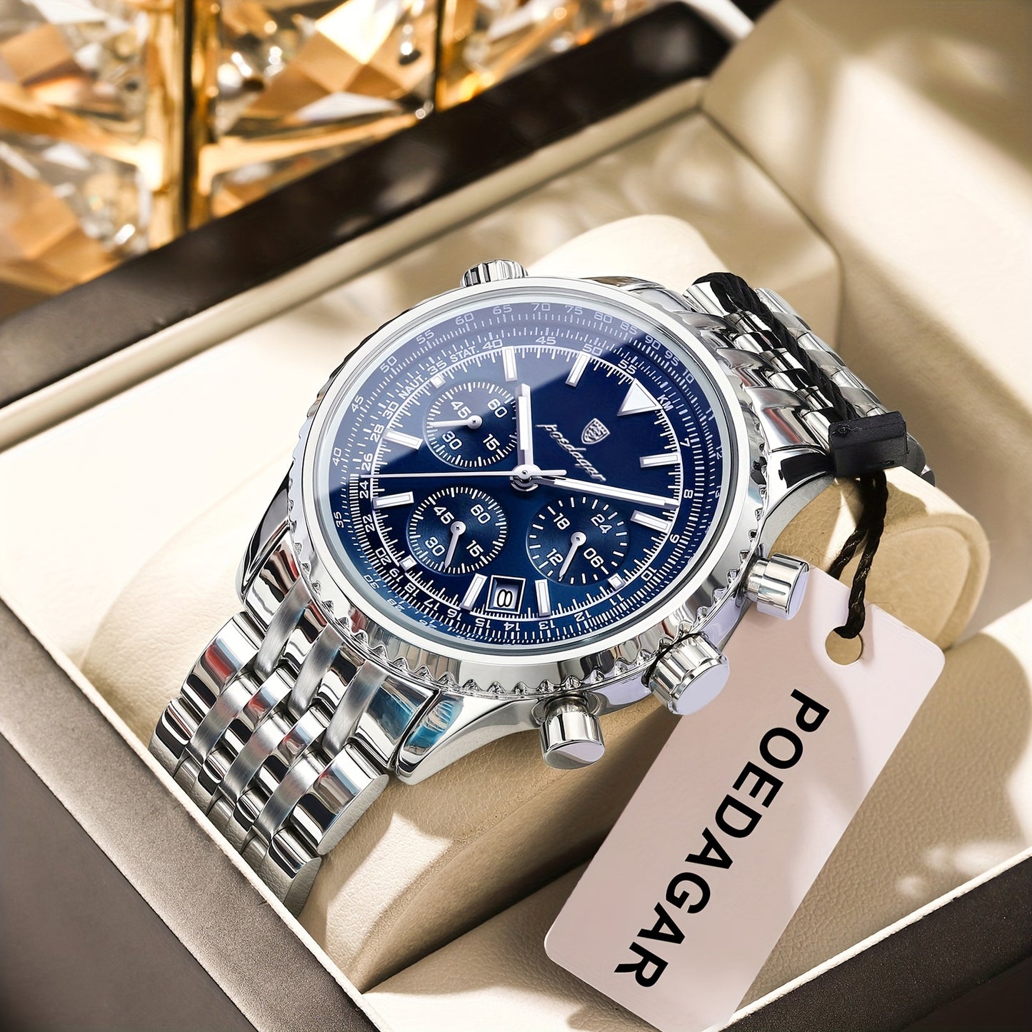 POEDAGAR Men's Luxury Stainless Steel Watch, Chronograph, Calendar, Date Display, Green Dial with Black Bezel & Roman Numerals, Quartz Movement, Casual to Business Style, Suitable for Women
