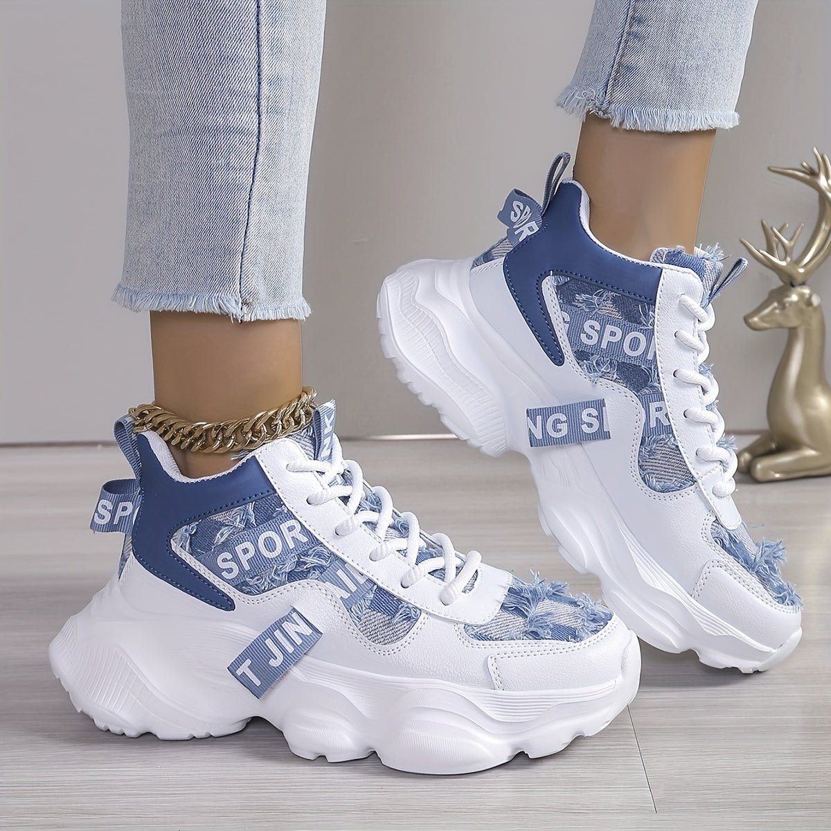 Women'S High-Top Fashion Sneakers with Plaid Pattern, Lightweight EVA Sole, Lace-Up Closure, Fabric Insole, and Tassel Embellishment - All-Season Sports Shoes with Random Printing Design, Ladies Sneakers