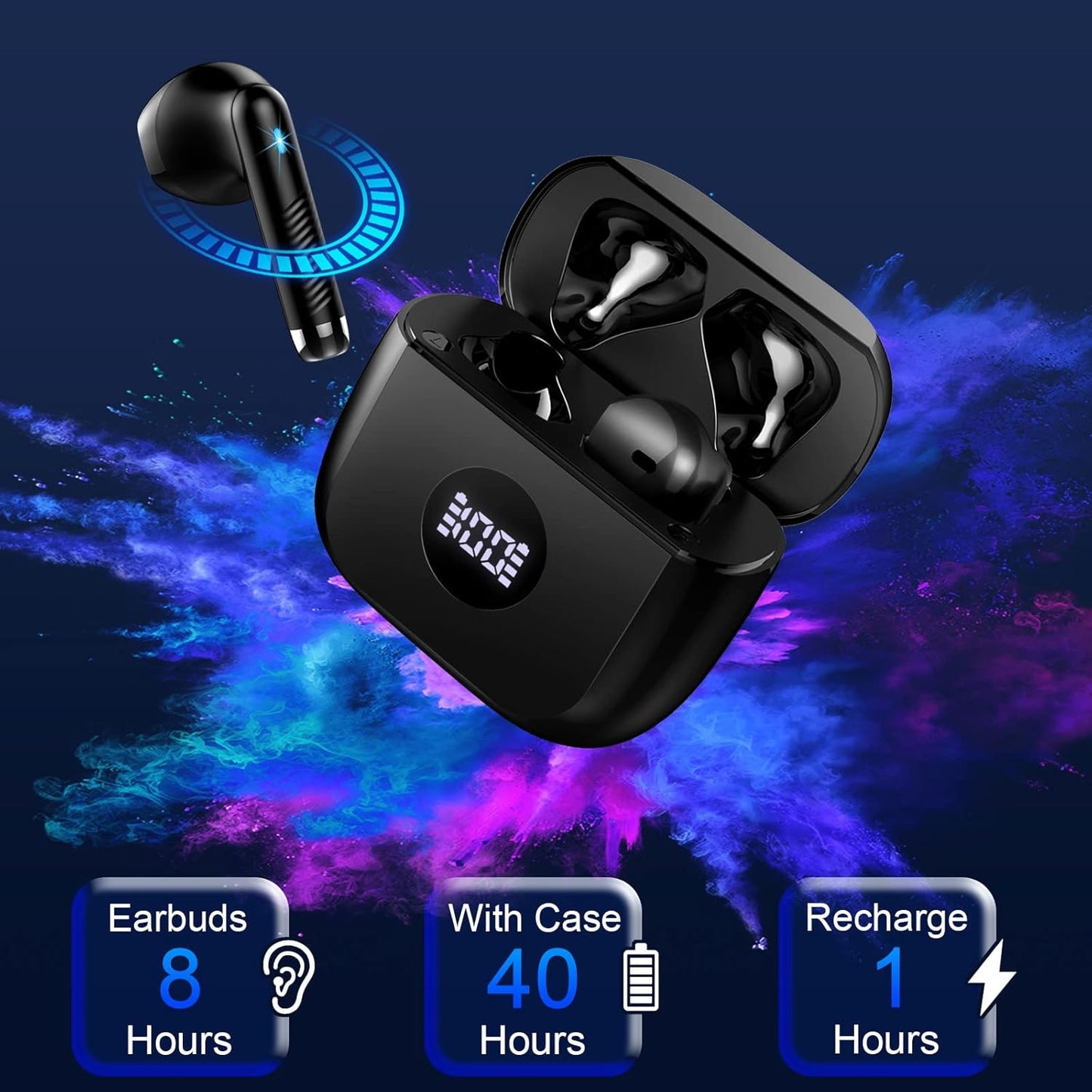 Wireless Earbuds, Bluetooth 5.4 Headphones Hifi Stereo, in Ear Earphones with 4 ENC Noise Cancelling Mics, 40H Playback Ear Buds with Mini Case, IP7 Waterproof Headset with LED Display, USB C Charging