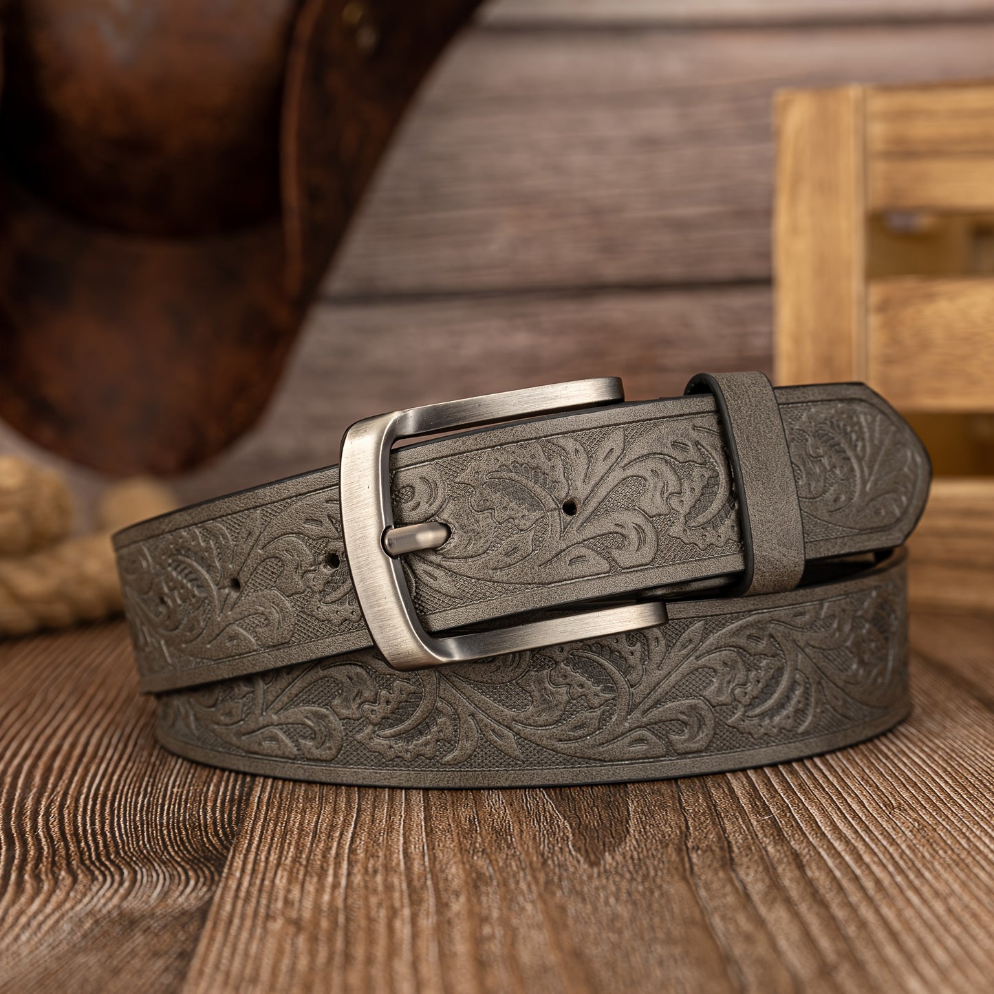 Preppy Style Men's Embossed PU Leather Belts with Vintage Leaf Pattern and Alloy Shaped Buckle