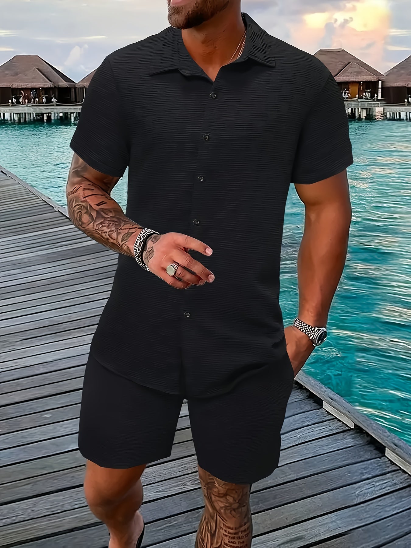 Men's Outfit, Checkered Print Lapel Short Sleeve Button Up Shirt & Shorts 2pcs co ord set for Outdoor Activities