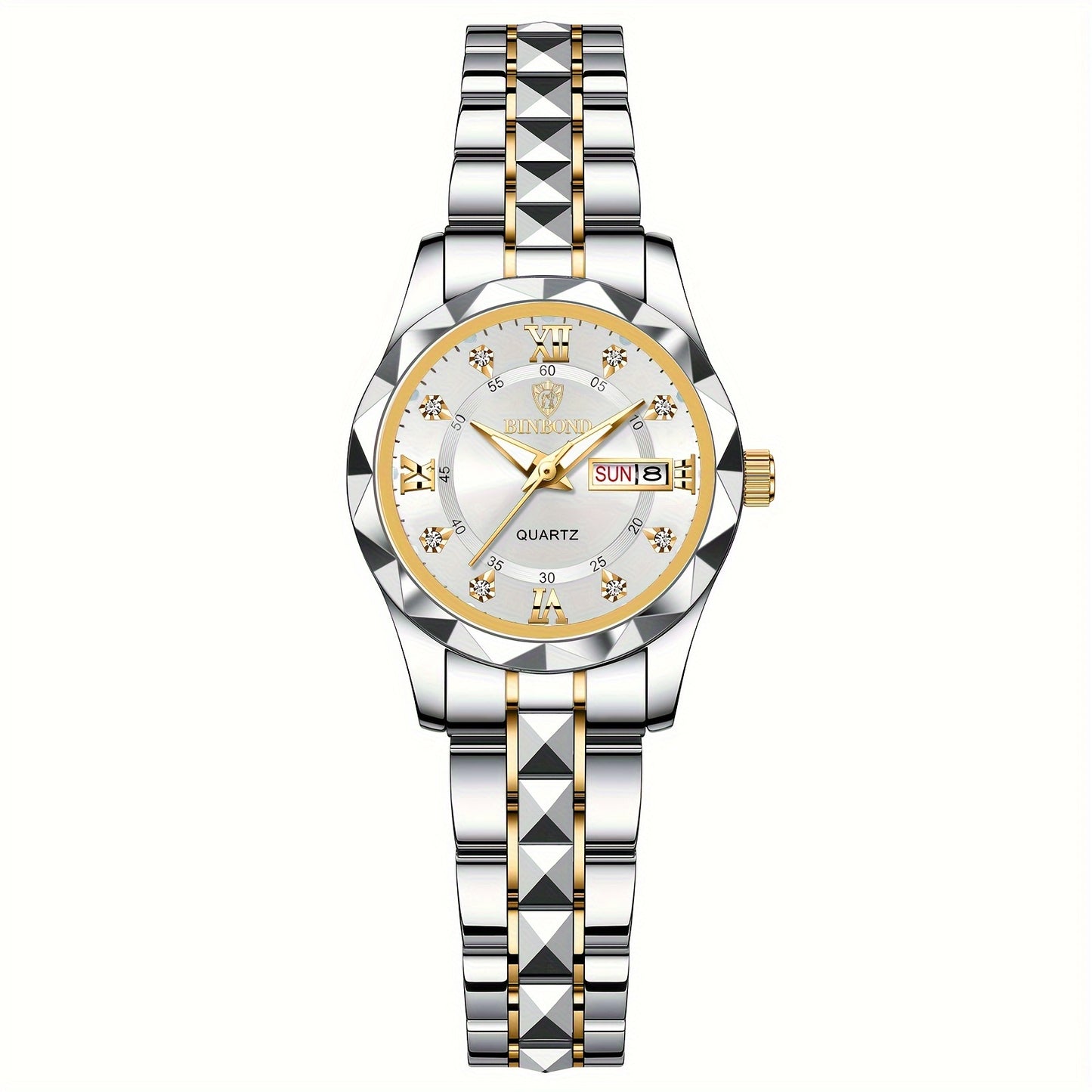 BINBOND Women's Light Luxury Quartz Watch with Night Glow, Double Calendar, Stainless Steel Band & Blue Dial - Elegant Casual & Formal Watch for Casual Attire