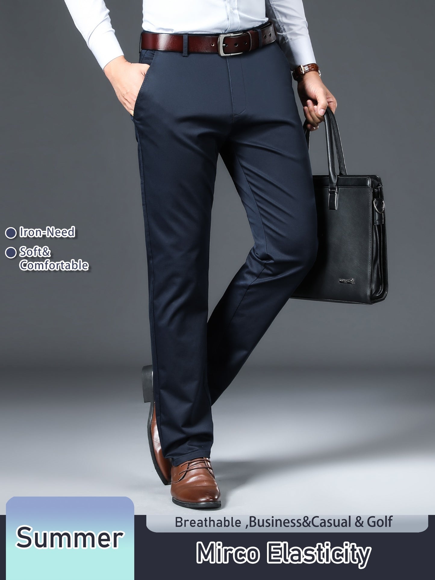 Men's Solid Color Straight Leg Business Style Cotton Blend Pants, Casual Comfy Breathable Outdoor Trousers As Gift