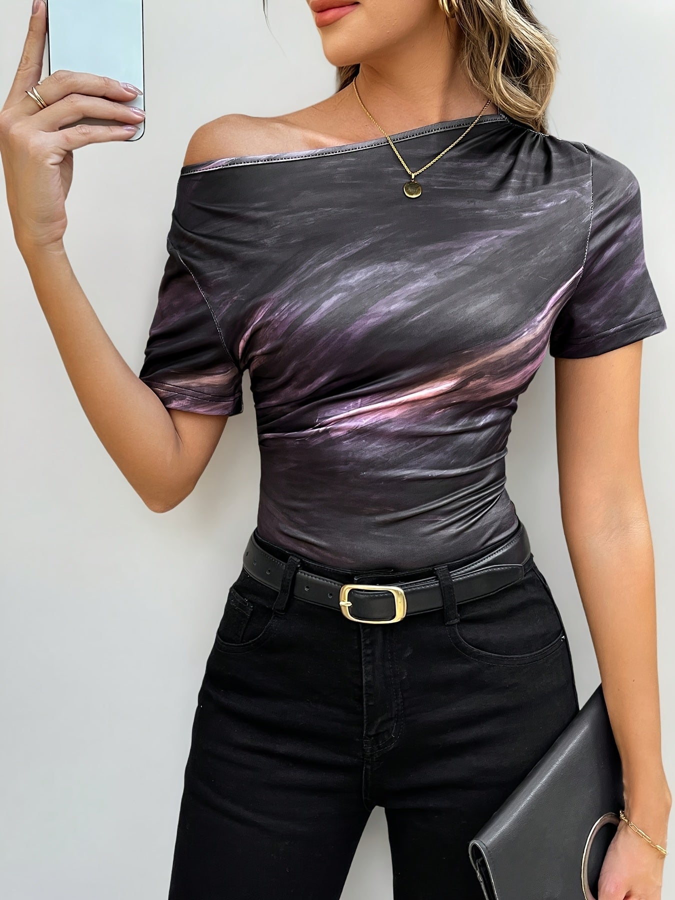 Women's Elegant Tie-Dye Asymmetrical Neckline Short Sleeve T-Shirt - Purple Pink Blue Swirl Print, Breathable Stretchy Fabric, Machine Washable Summer Casual Top