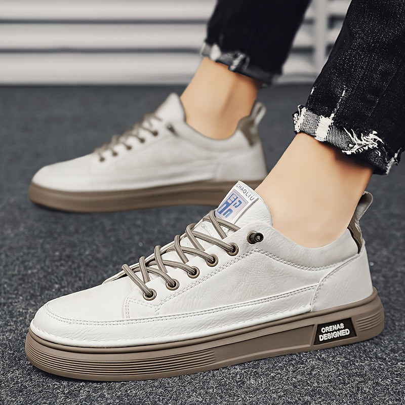 Men's Casual Low-Top Sneakers in Light Beige - Versatile All-Season White Shoes with Elastic Laces, Durable PU Upper & PVC Sole, Comfortable Fabric Insole for Casual Attire