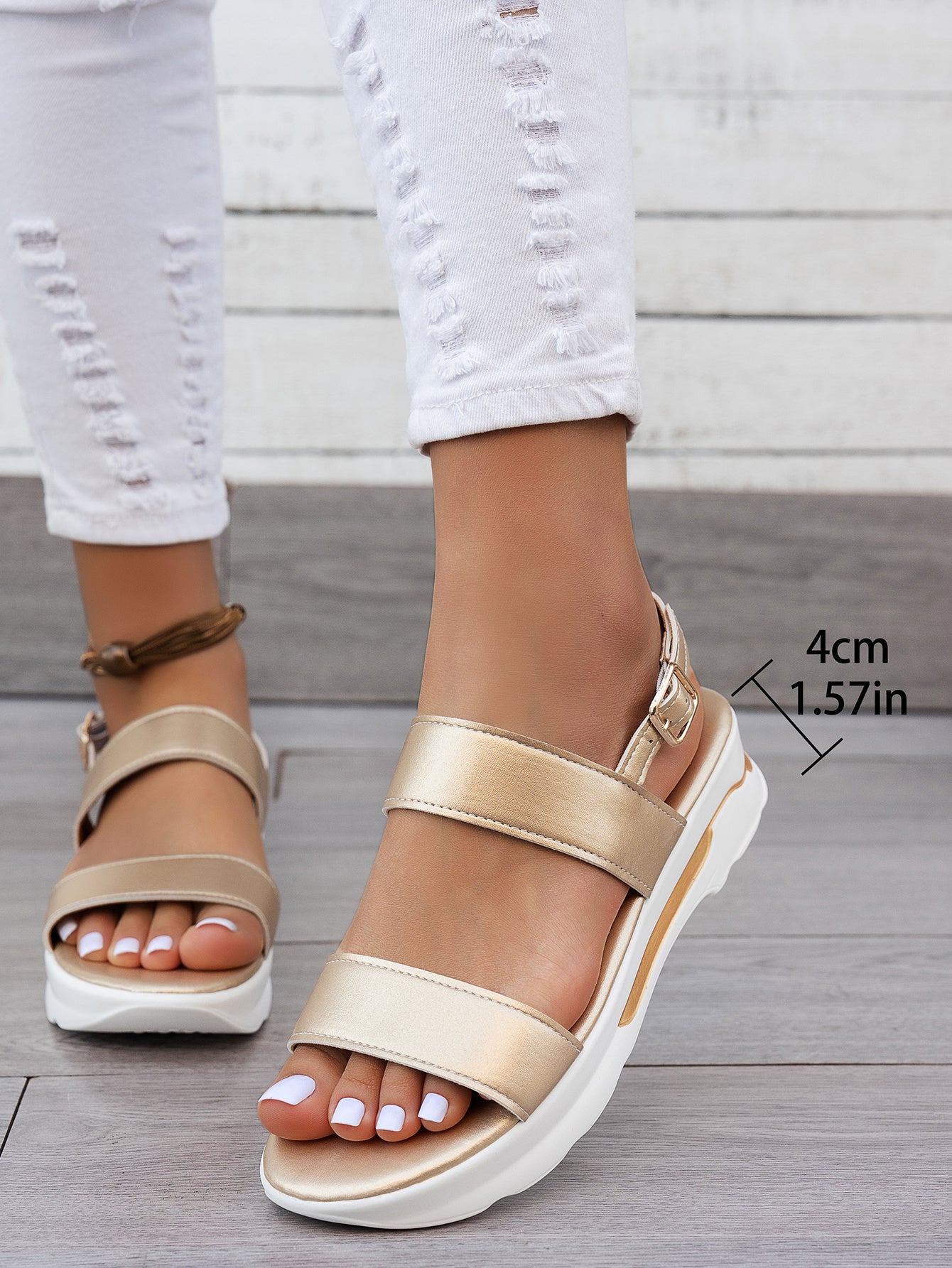 Mhysa Women's Comfortable Open-Toe Platform Sandals with Thick Sole & Golden Buckle Strap - Summer Casual White PU Cover Ankle Strap Sandals for Casual Attire, Ladies Sandals