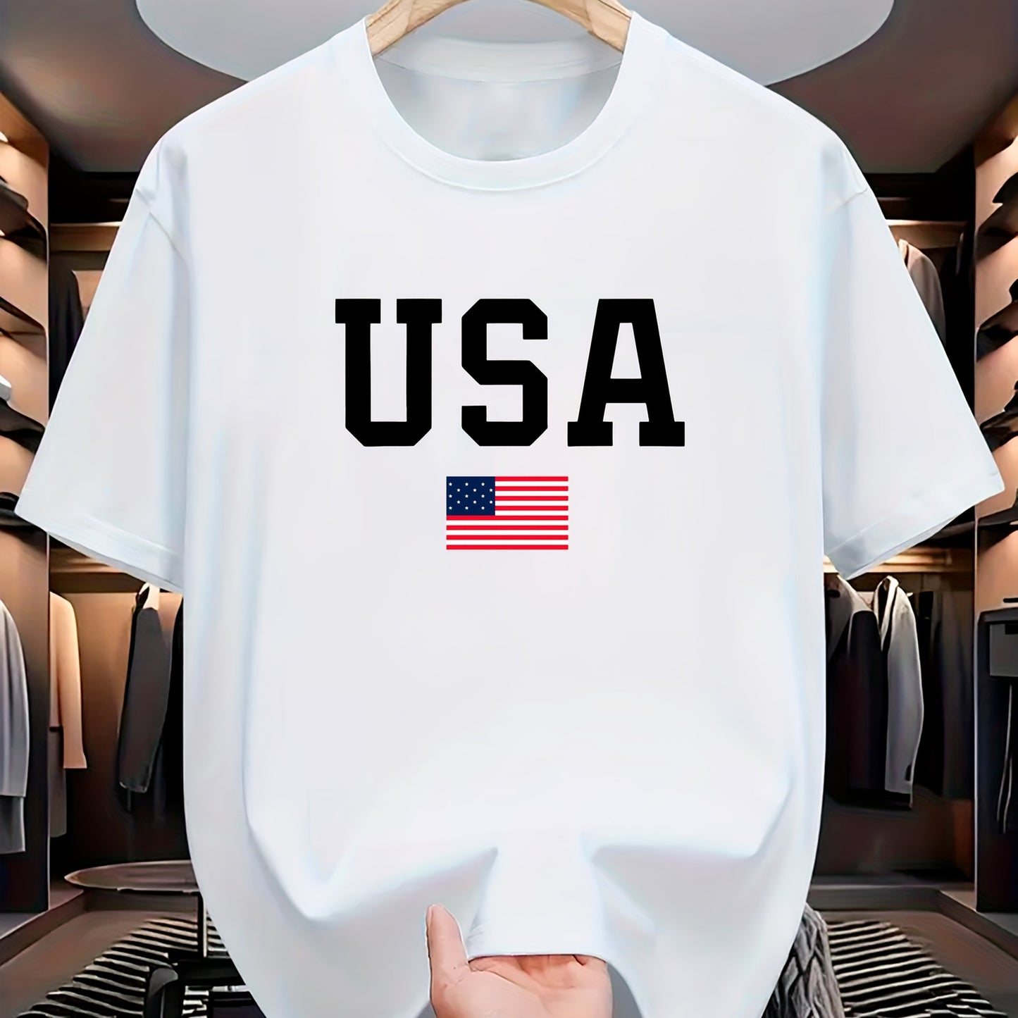 USA Flag Print Crew պարանոցի վերնաշապիկ, սովորական պոլիեսթեր տրիկոտաժե թիկնոց, թեթև ձգվող, այբուբենի ձևանմուշ, տրիկոտաժե դետալ, տղամարդկանց համար, ամառային կարճաթև շապիկ