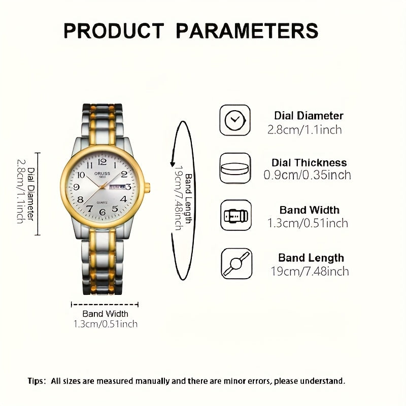 Elegant Women's Quartz Watch - Stainless Steel Band, Alloy Case with Dual Calendar Feature, Non, Round Shape