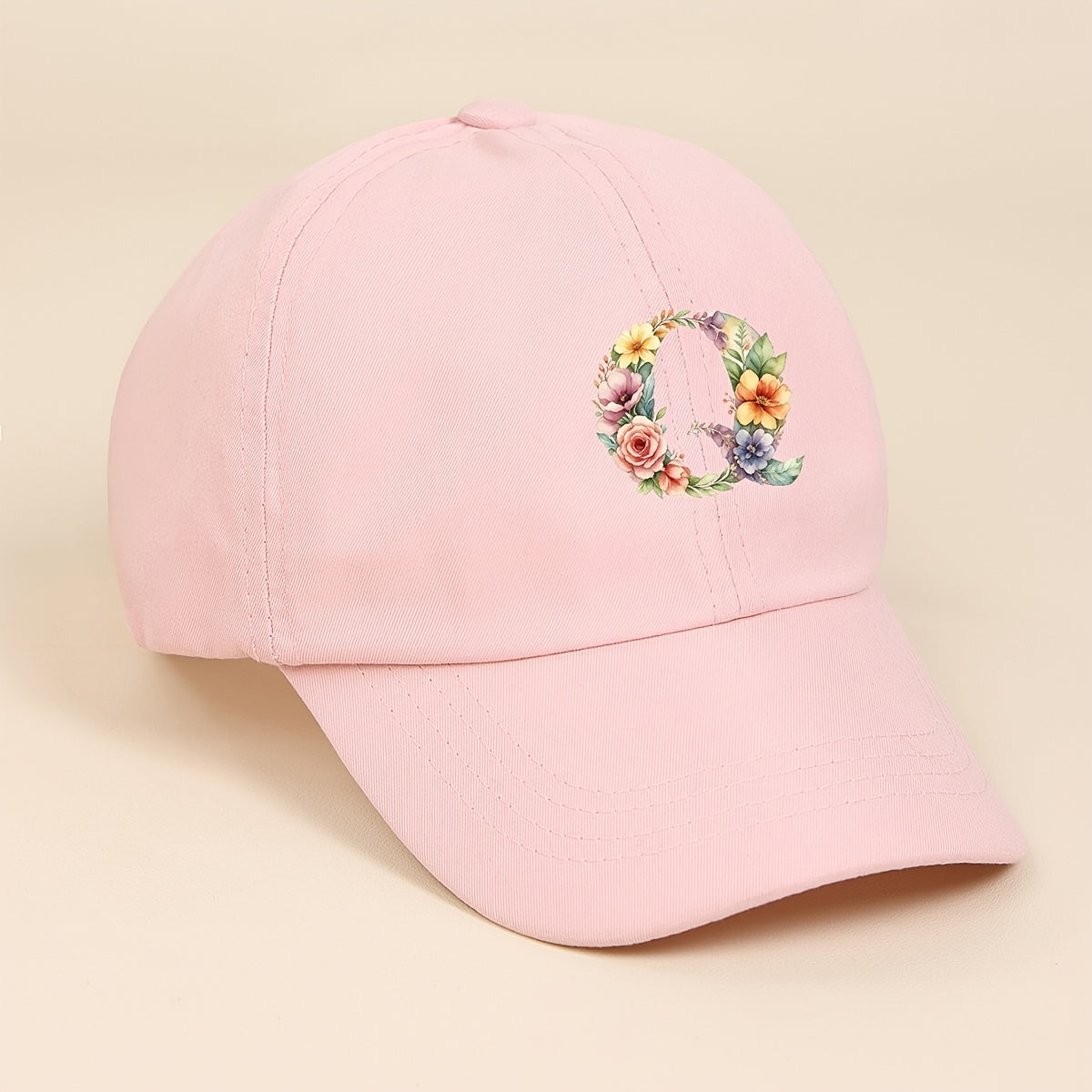 Adjustable Pink Baseball Cap for Kids with Floral Alphabet Design