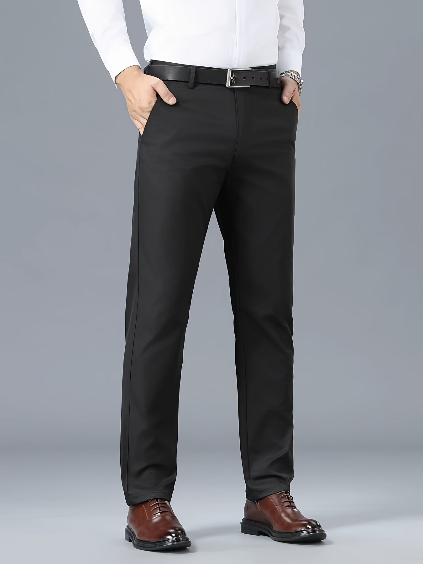 Men's Classic Business Casual Pants - Polyester, Solid Color, Regular Fit for All Seasons