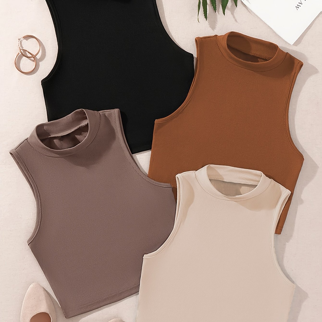 Solid Color Tank Top 4 Pack, Versatile Sleeveless Mock Neck Simple Top For Spring & Summer, Women's Clothing