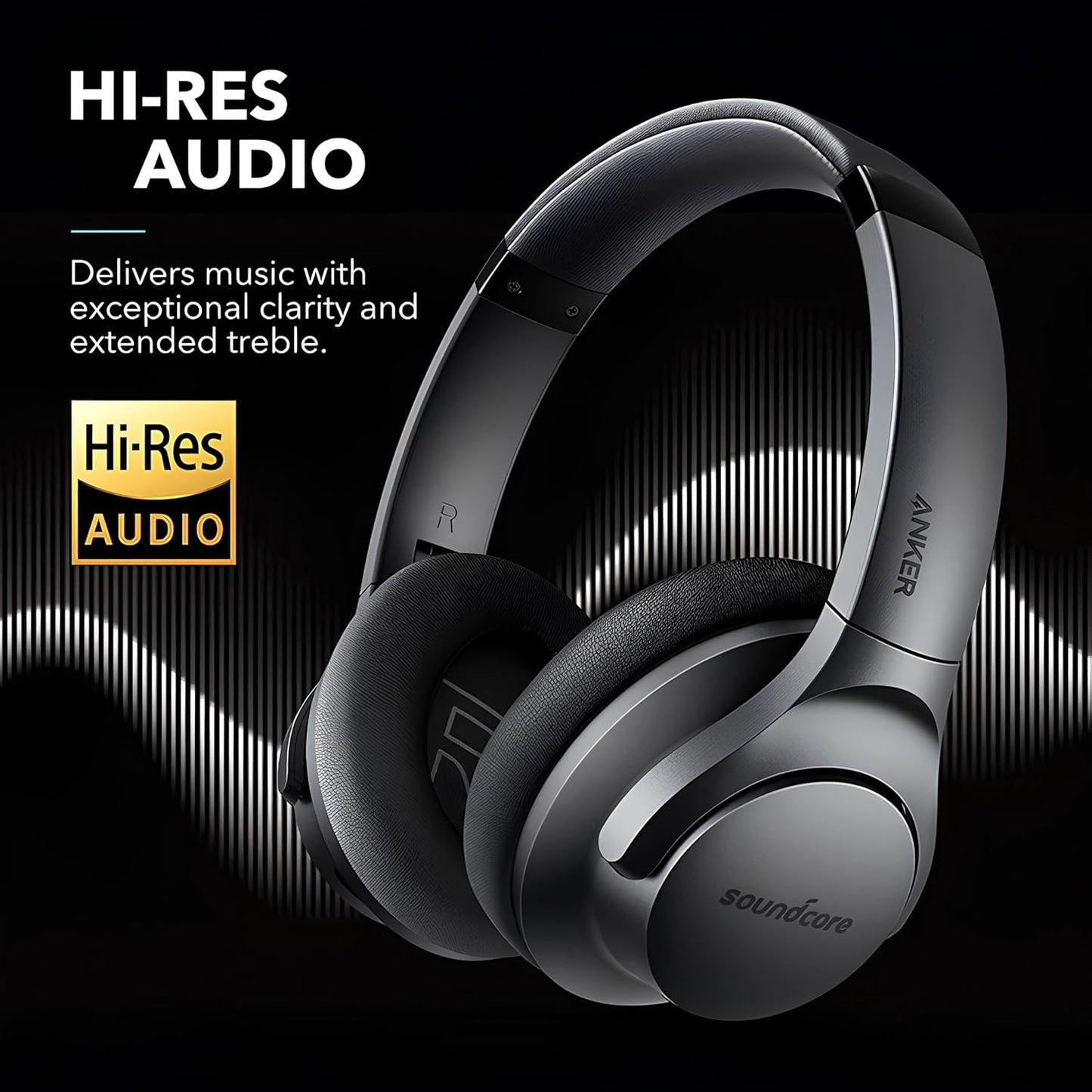 Soundcore Anker Life Q20 Hybrid Active Noise Cancelling Headphones, Wireless over Ear Bluetooth Headphones, 60H Playtime, Hi-Res Audio, Deep Bass, Memory Foam Ear Cups, Travel, Office, USB-C Charging