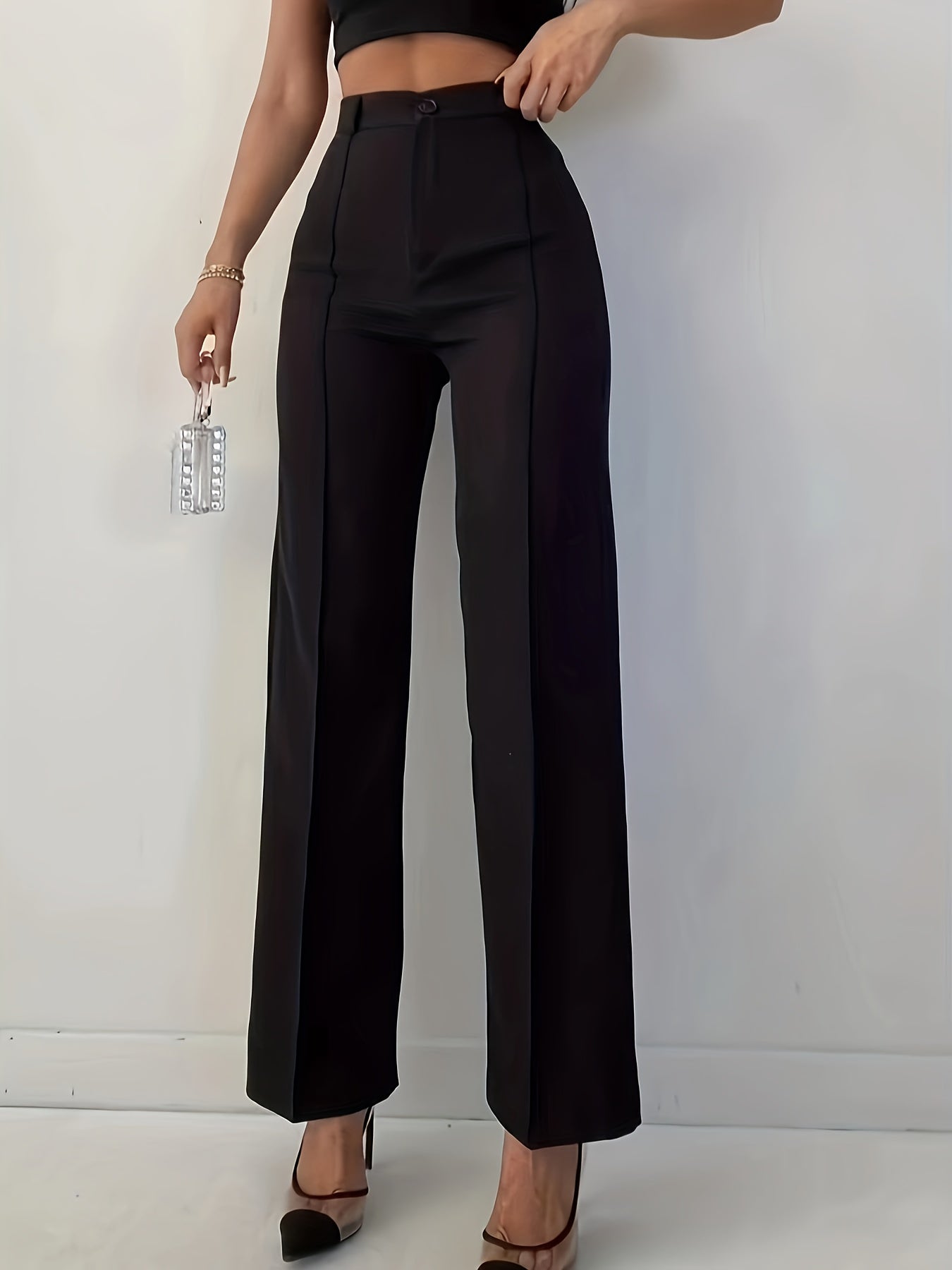 Elegant High-Waist Slim Pants for Women - Solid Color, Polyester, Machine Washable - Perfect for All Seasons
