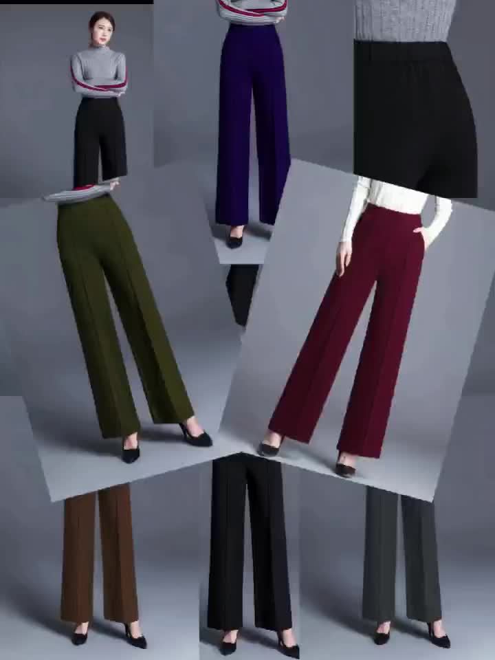 Elegant Maroon High-Waist Straight-Leg Pants for Women - Stretchy, Loose Fit with Slant Pockets, Ideal for Work & Daily Commute, Polyester Blend, All-Season Wear