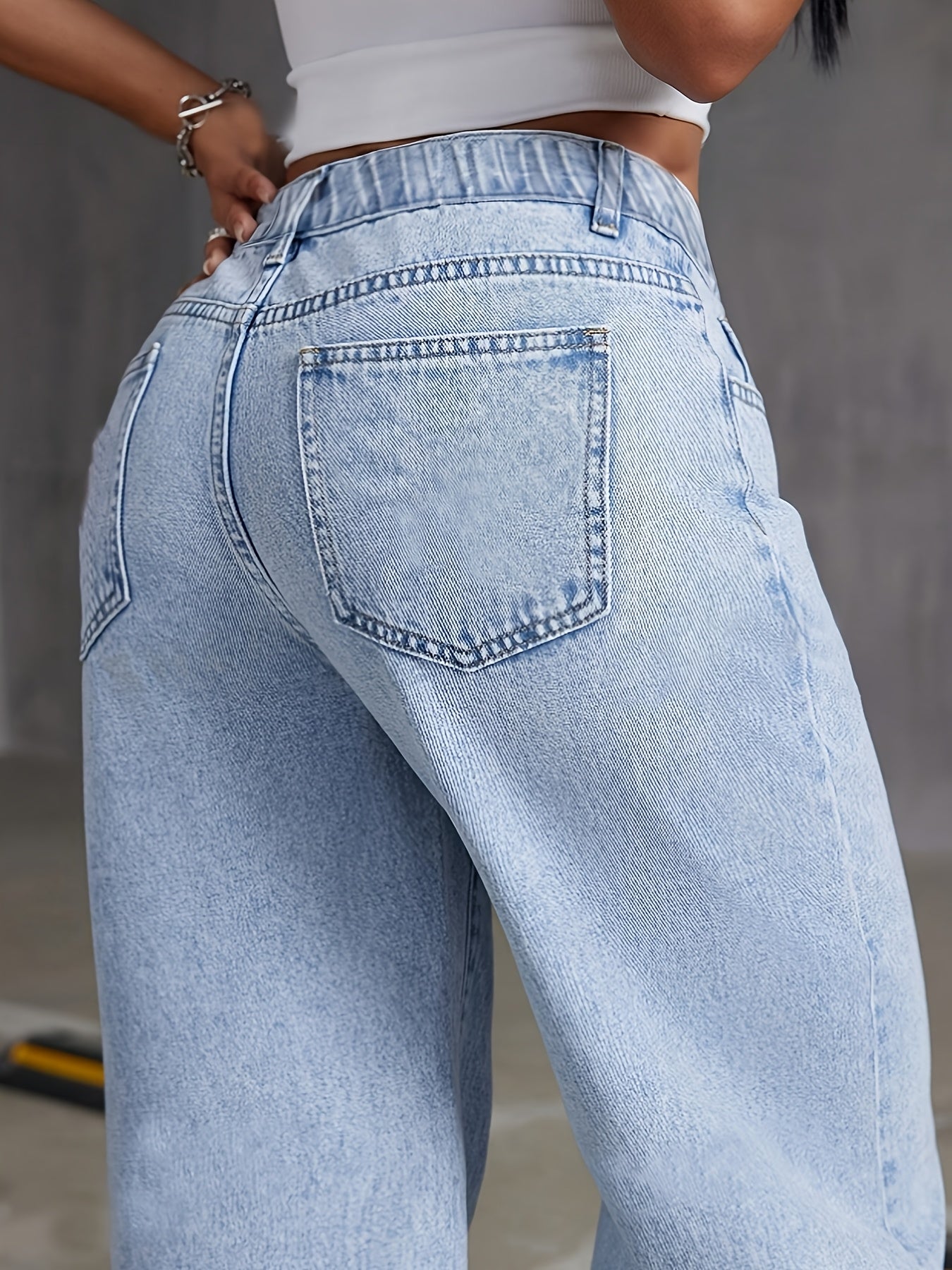 1pc Preppy Style Women'S High-Waisted Elastic Wide Leg Denim Jeans, Casual Boot Cut Solid Color Non-Stretch Fabric with Button Detail for All-Season Weekend Wear